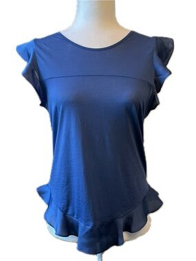 J Crew Flutter Cap Sleeve Blouse Navy Blue XS Top Flounced Ruffle Hem Coquette